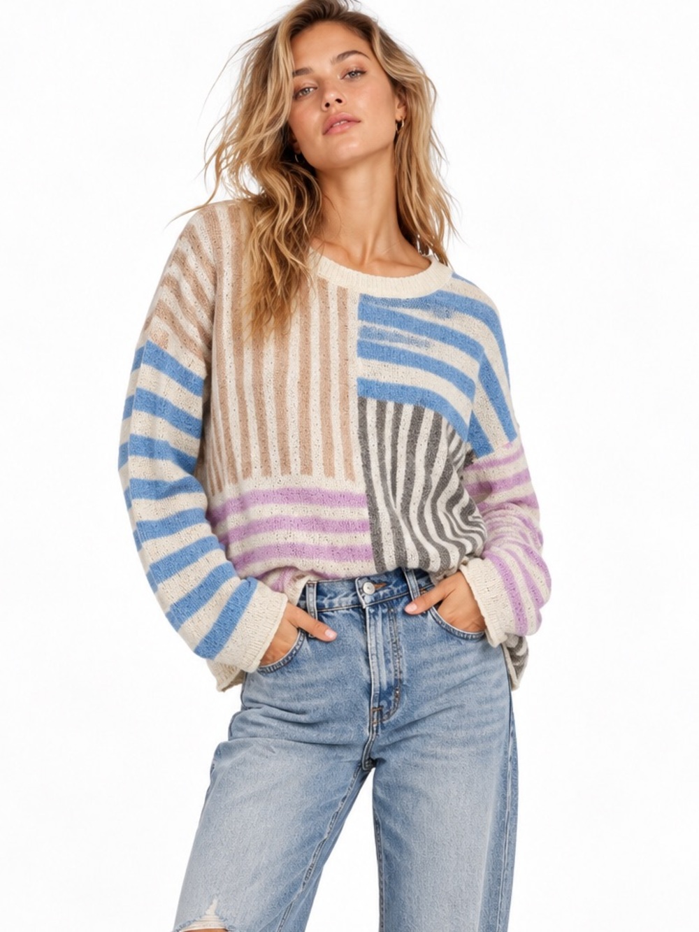 Talulah Mixed Stripe Multicolor Loose Knit Sweater
